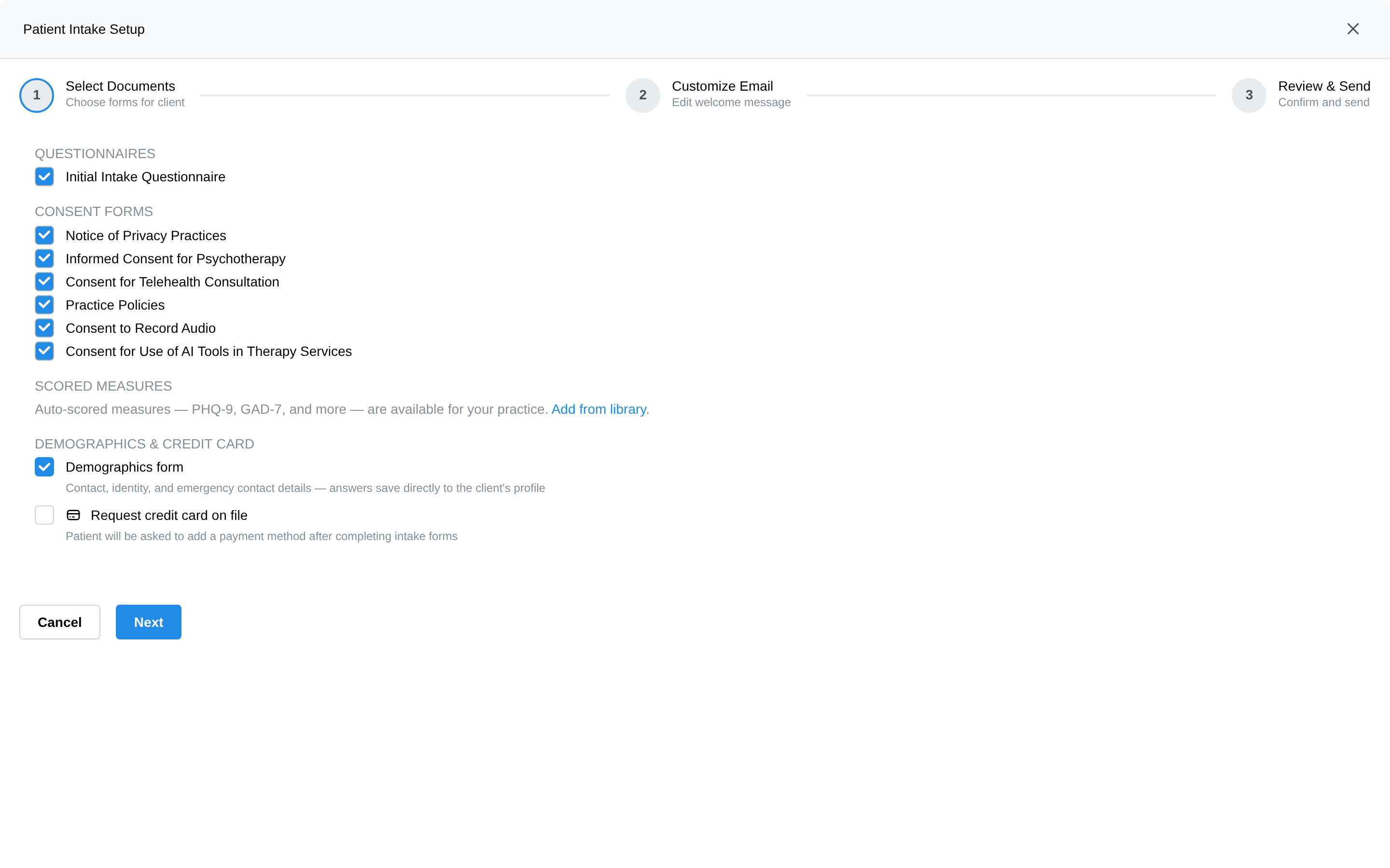 Step 1 of the intake wizard with document sections and pre-checked packet