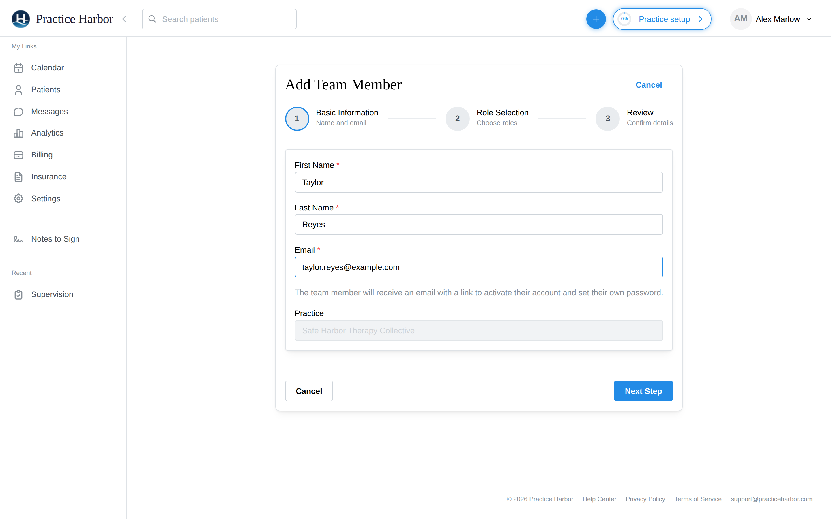 Add Team Member step 1: name and email fields
