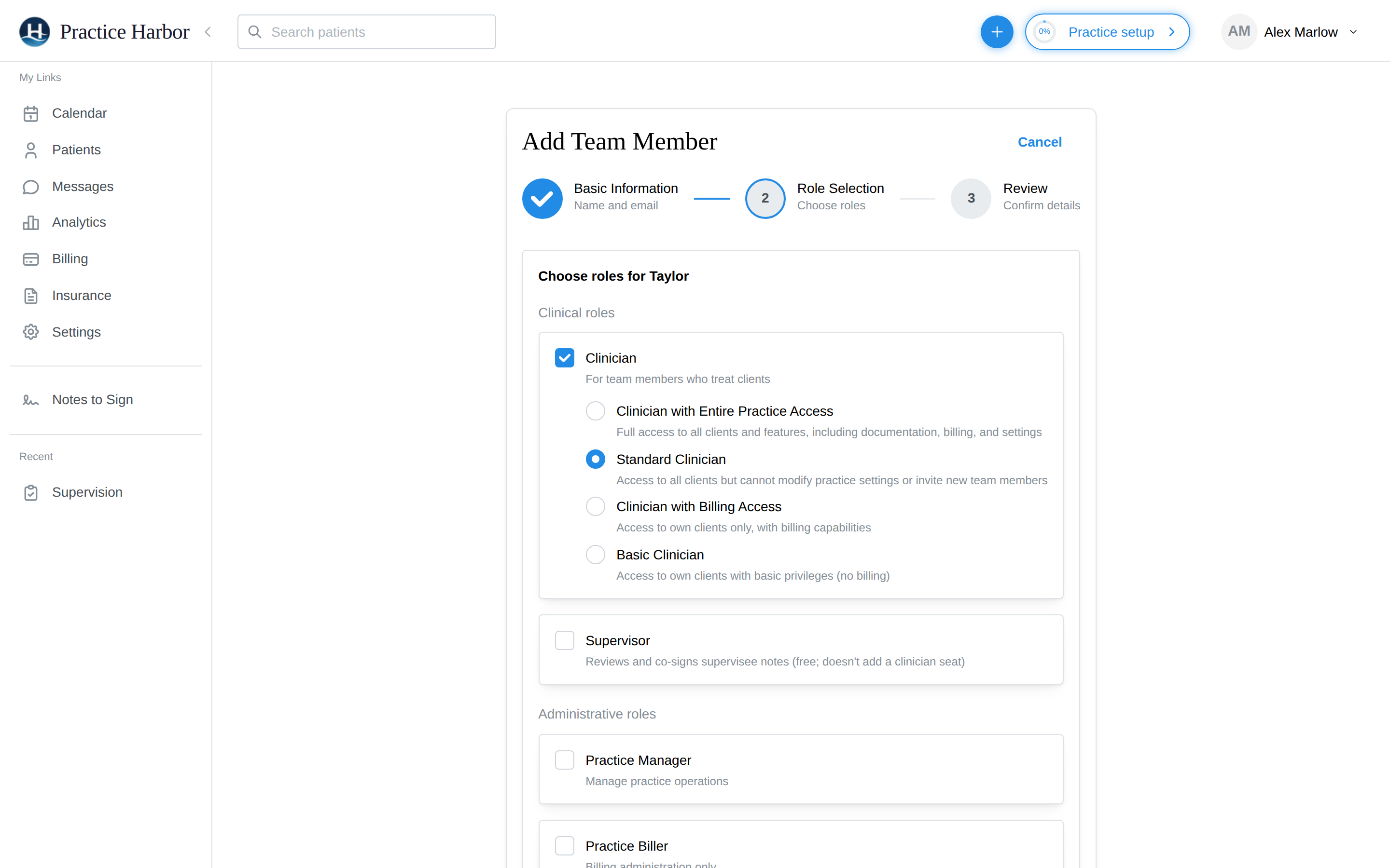 Add Team Member step 2: clinical and administrative role selection