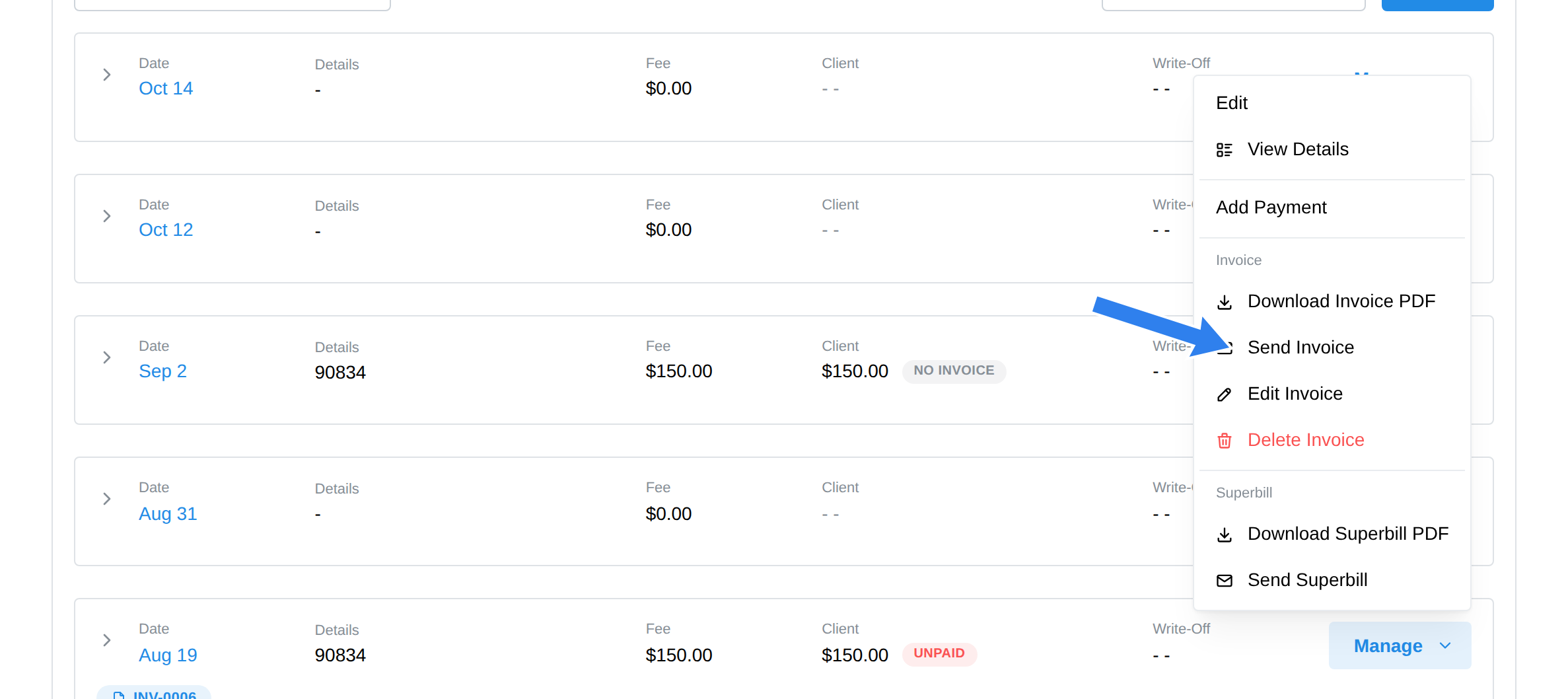 The Manage menu on an invoiced session, with Download Invoice PDF, Send Invoice, Edit Invoice, and Delete Invoice