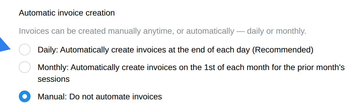 Automatic invoice creation options at Settings → Invoicing: Daily, Monthly, or Manual