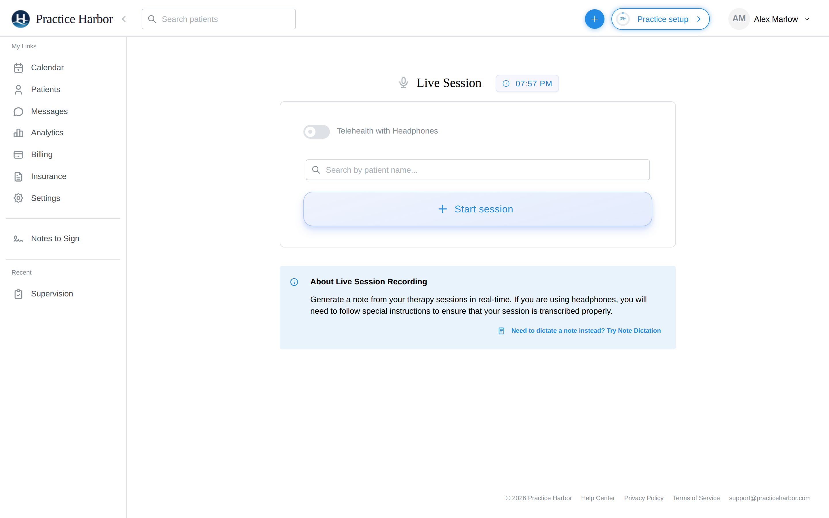 The Live Session page