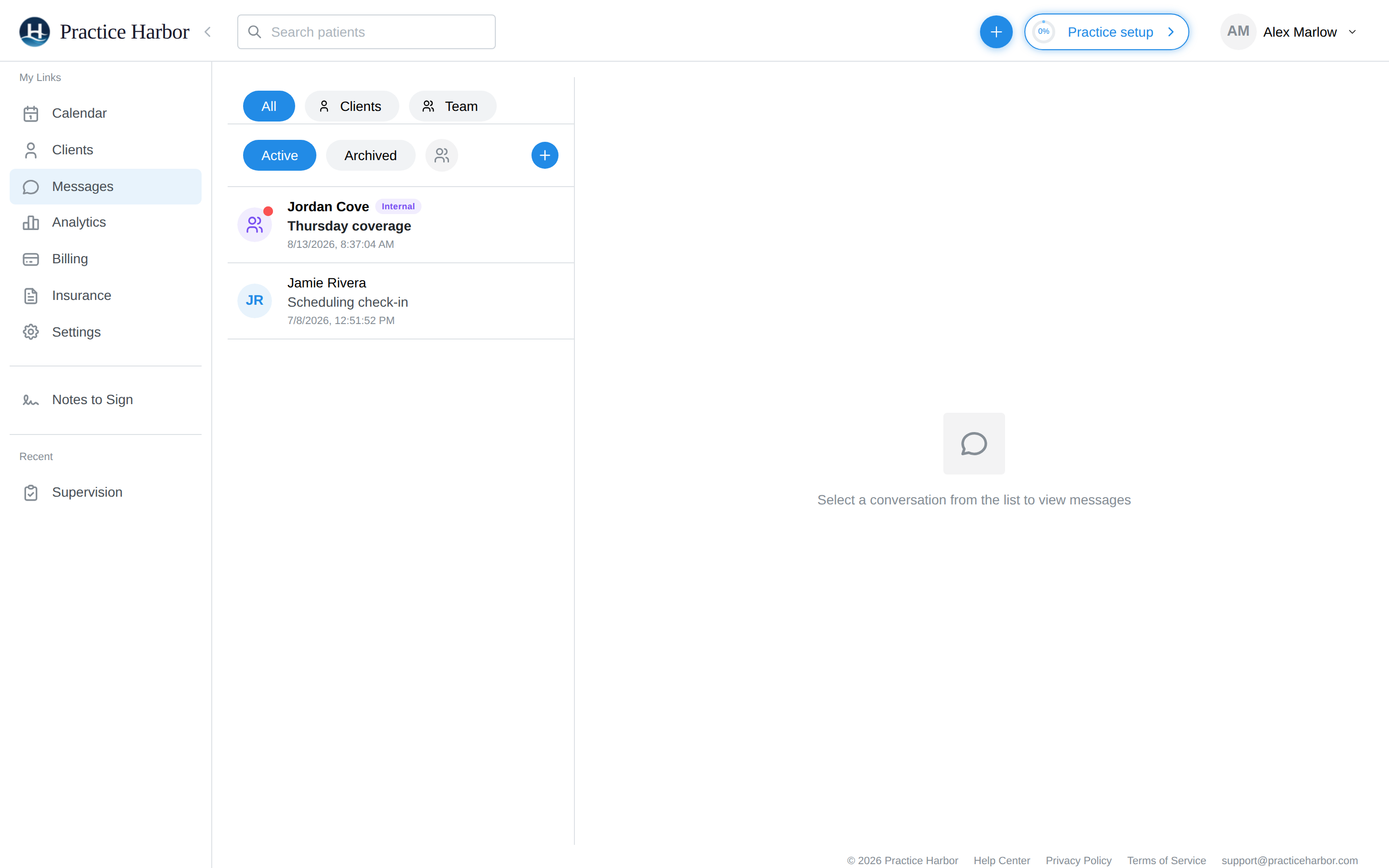 The Messages inbox showing a team conversation with its purple Internal badge above a client conversation
