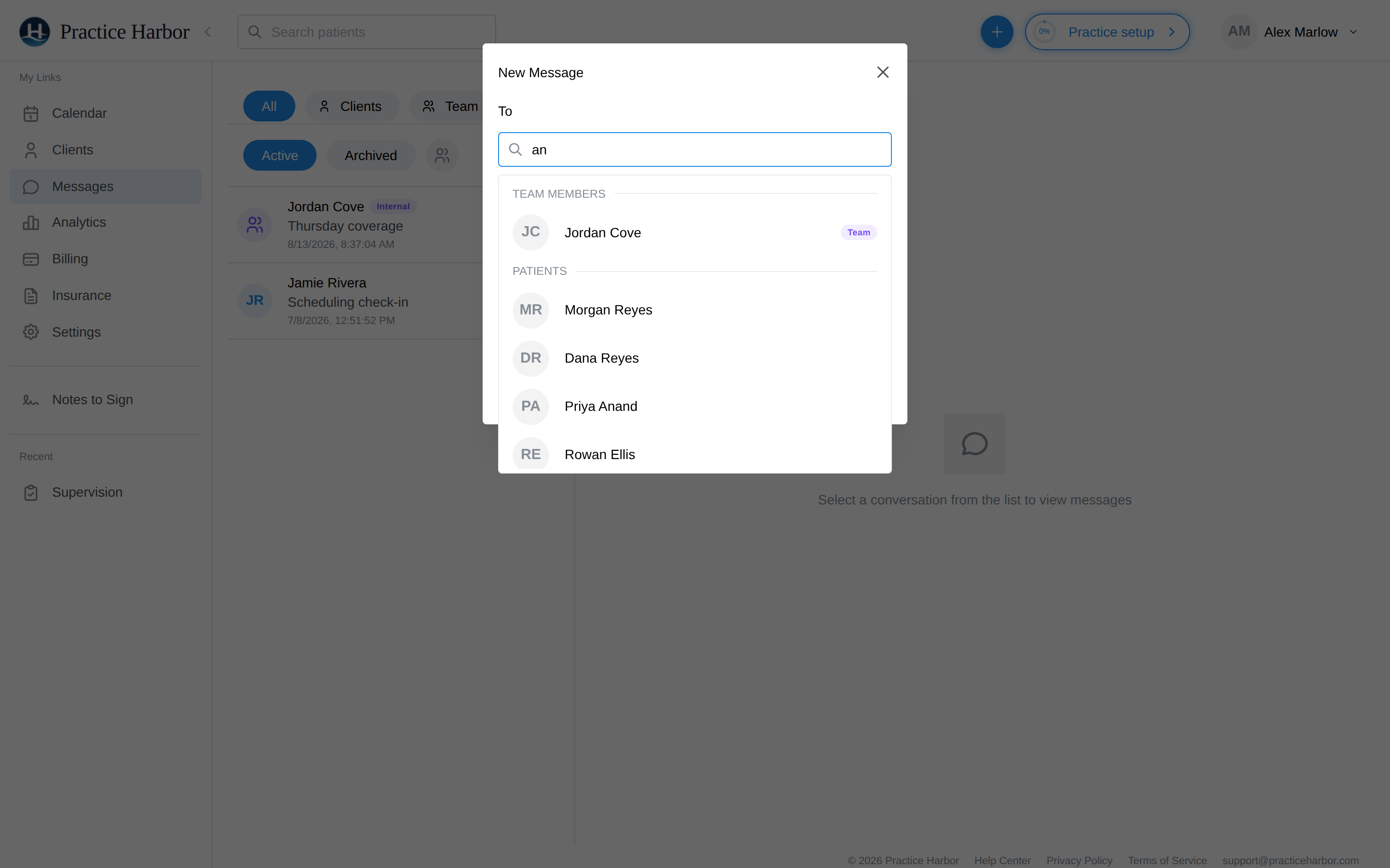 The New Message dialog: one search with Team Members listed above Patients, the teammate marked with a Team badge