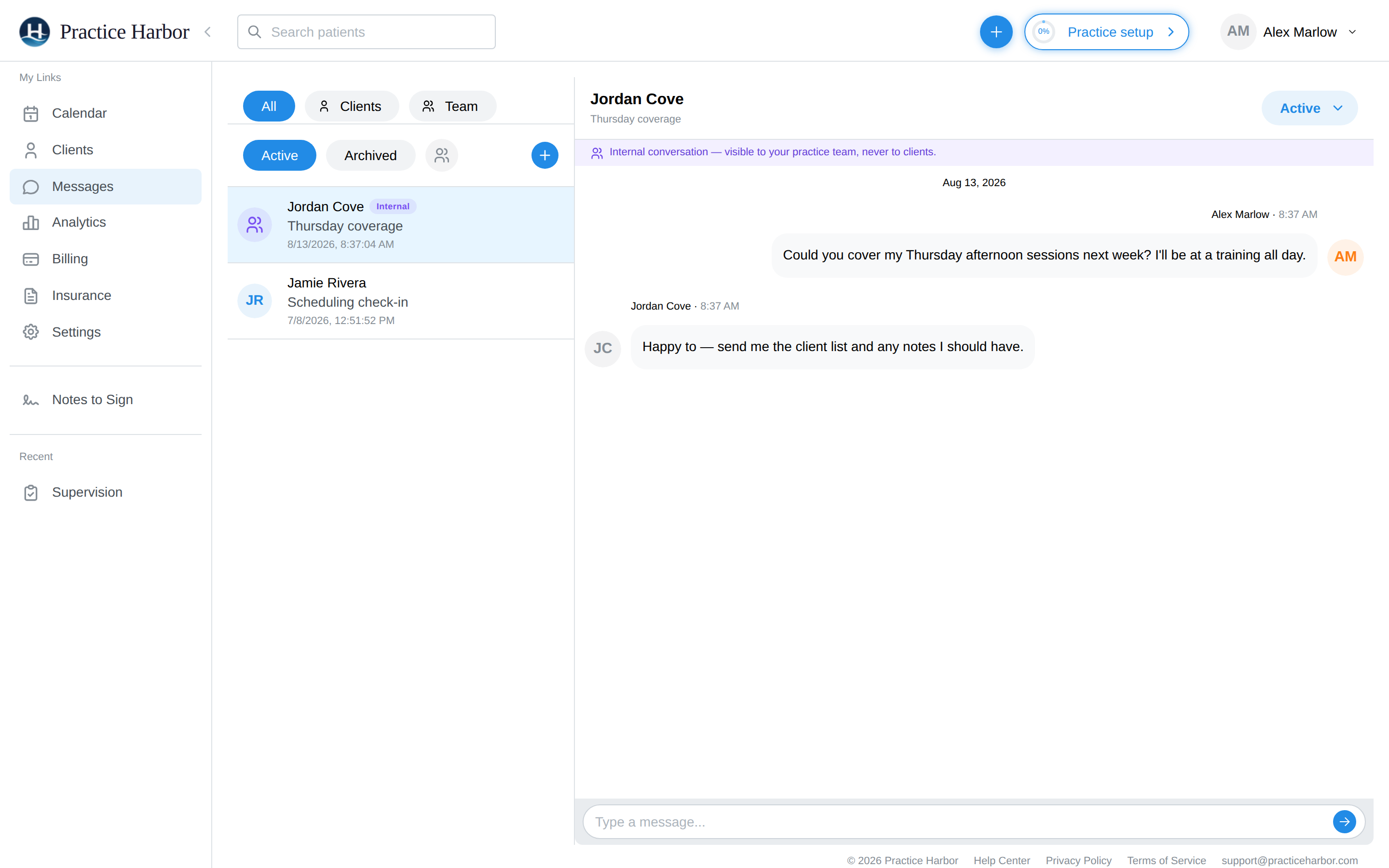 An open team conversation with the internal-conversation banner above the reply box