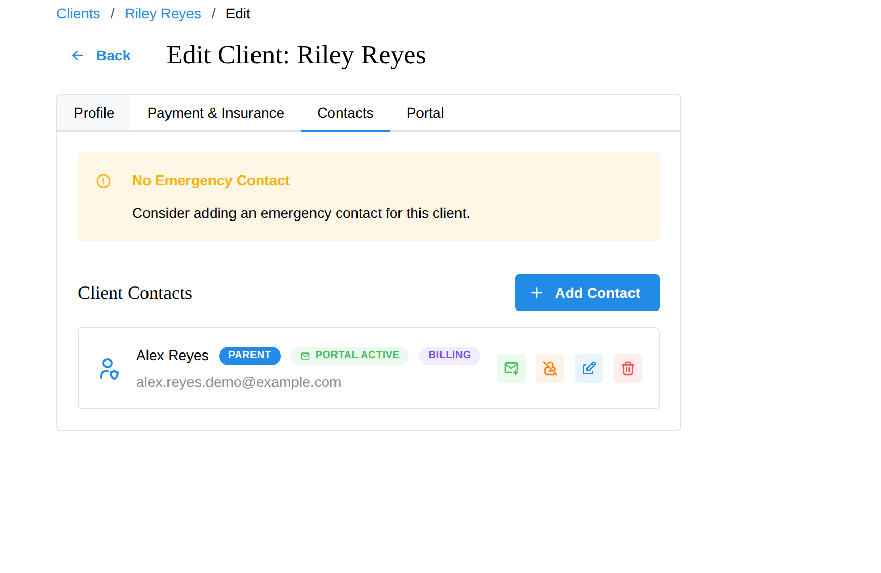 A guardian contact card with relationship and billing badges