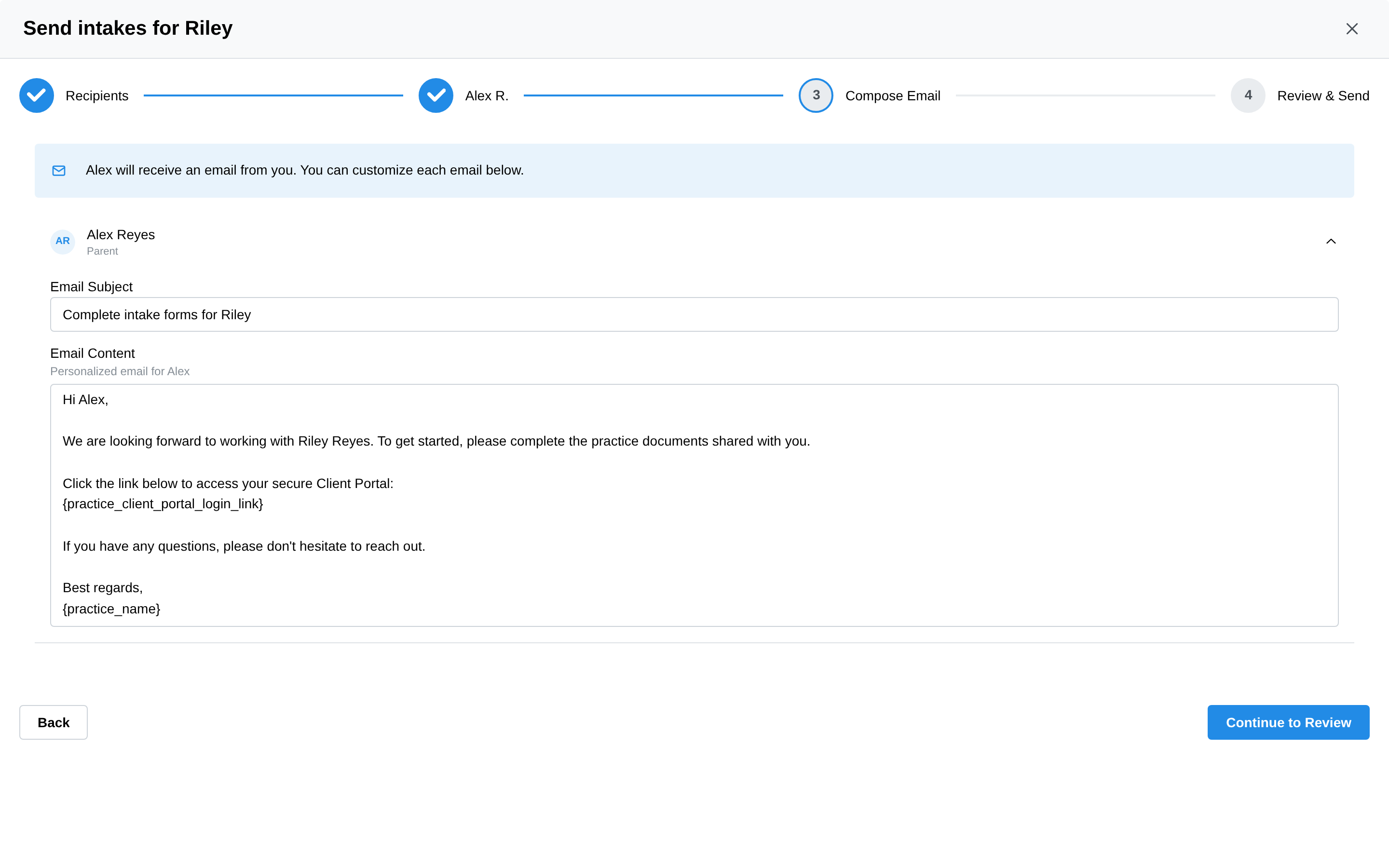 The Compose Email step with a personalized guardian email