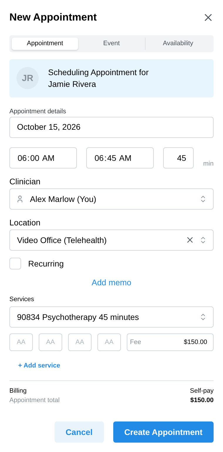 A completed New Appointment form with clinician, location, service and fee, and the Create Appointment button