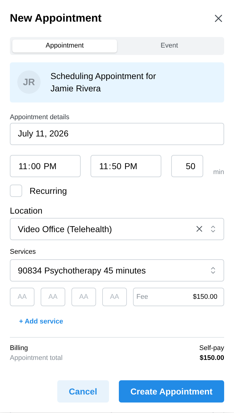 A completed New Appointment form with service, fee, and Create Appointment button