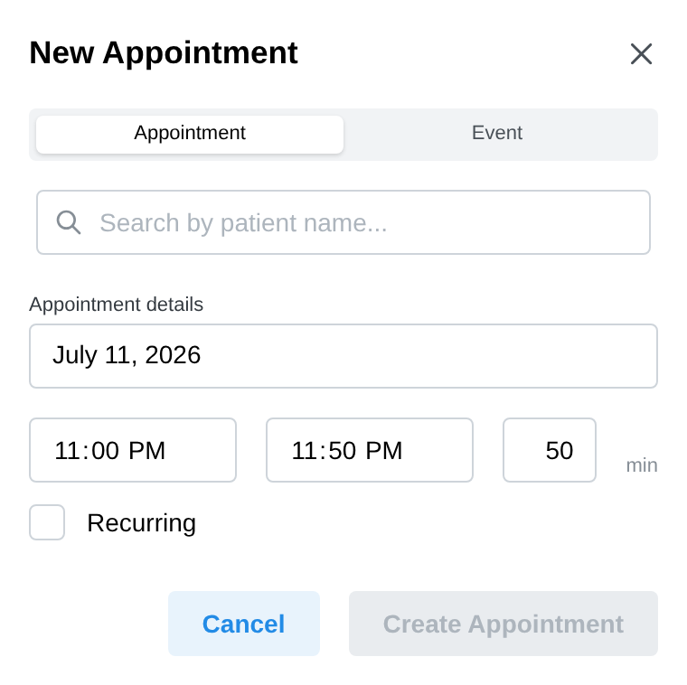 The New Appointment panel with the client search open