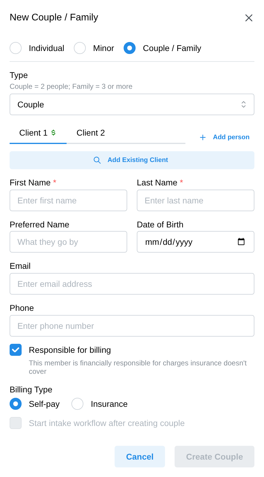 The New Couple / Family form with member tabs and the billing-responsibility checkbox