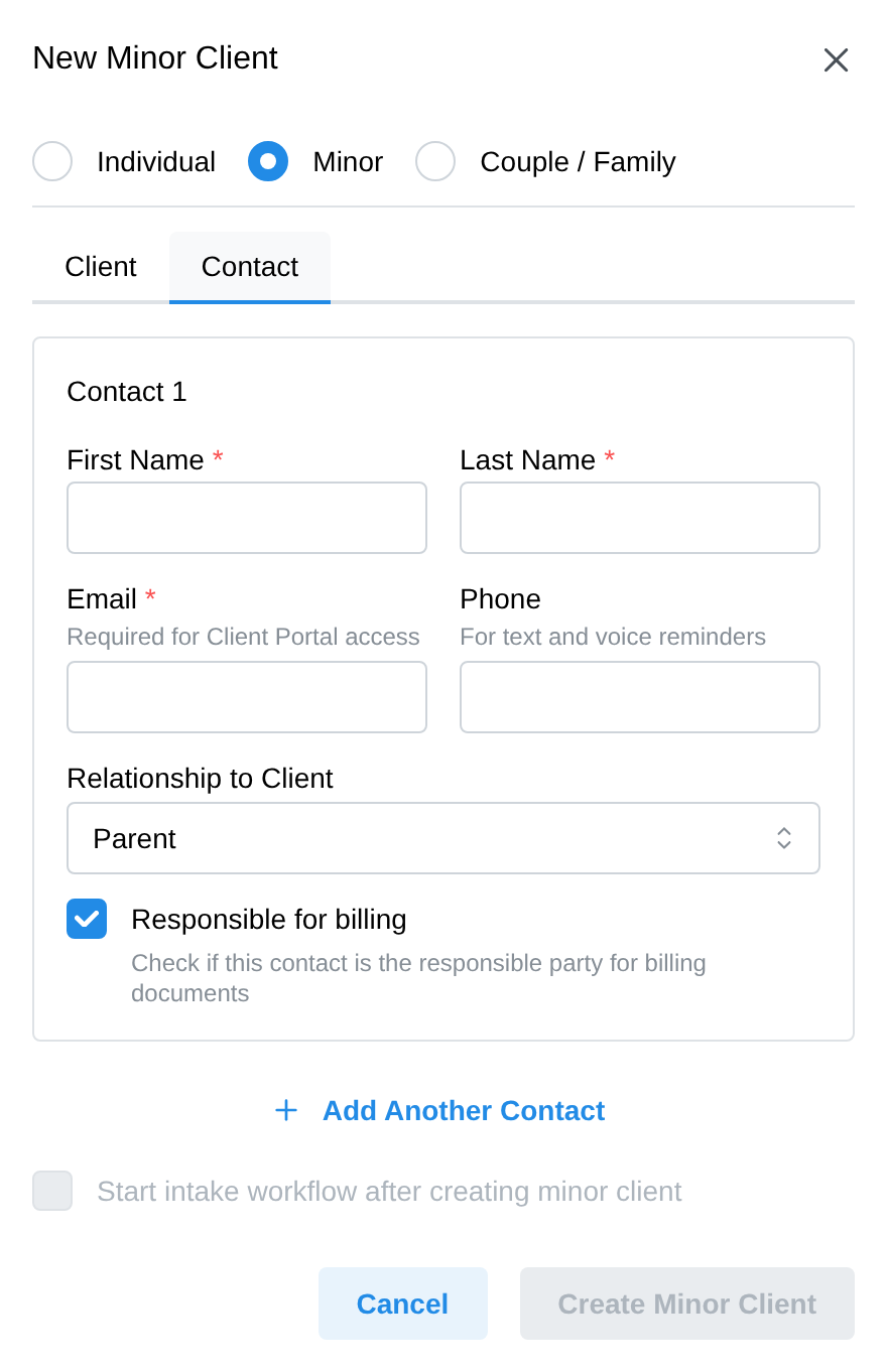 The New Minor Client form's Contact tab with guardian fields