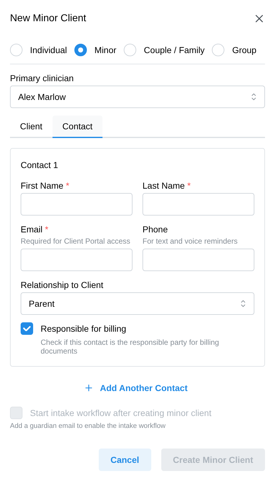 The New Minor Client form's Contact tab with guardian fields