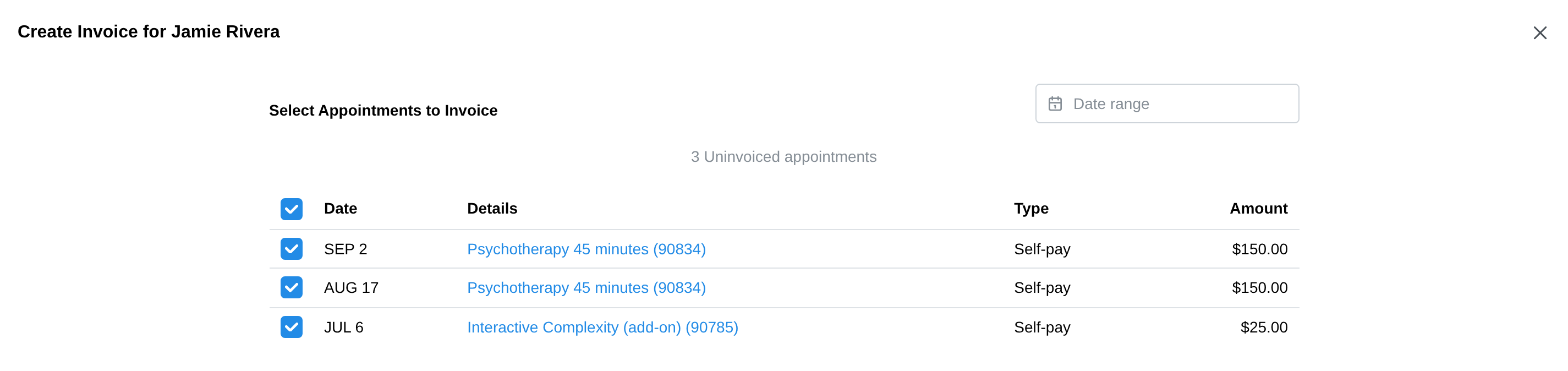 The Create Invoice window listing uninvoiced appointments with checkboxes