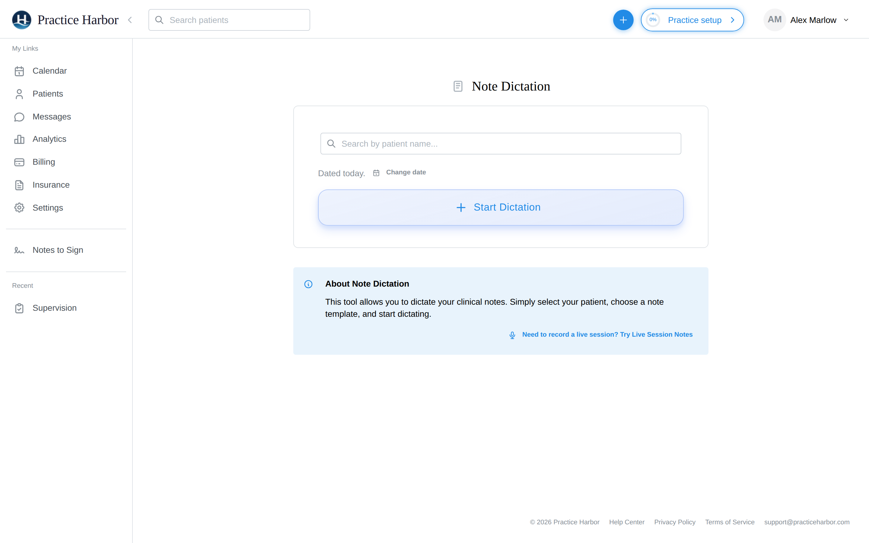 The Note Dictation page with patient search and Start Dictation