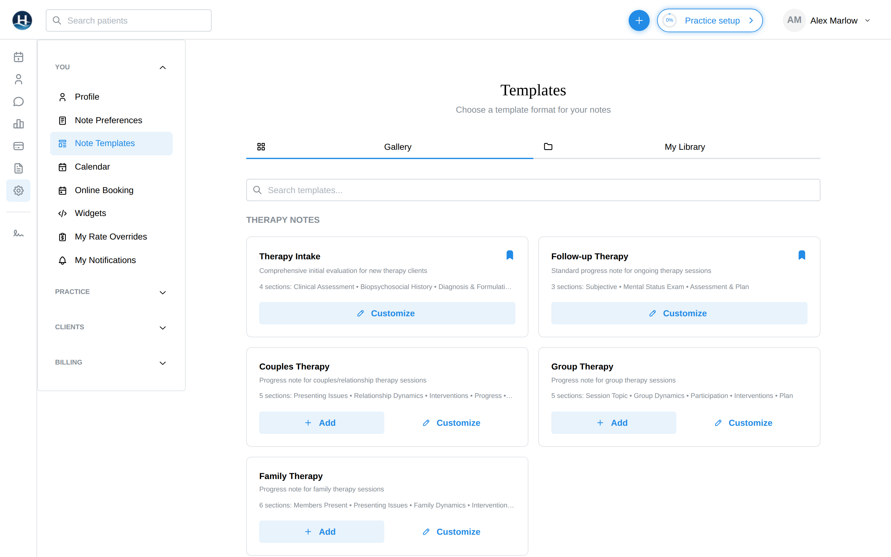 The Templates page: Gallery and My Library tabs with template cards