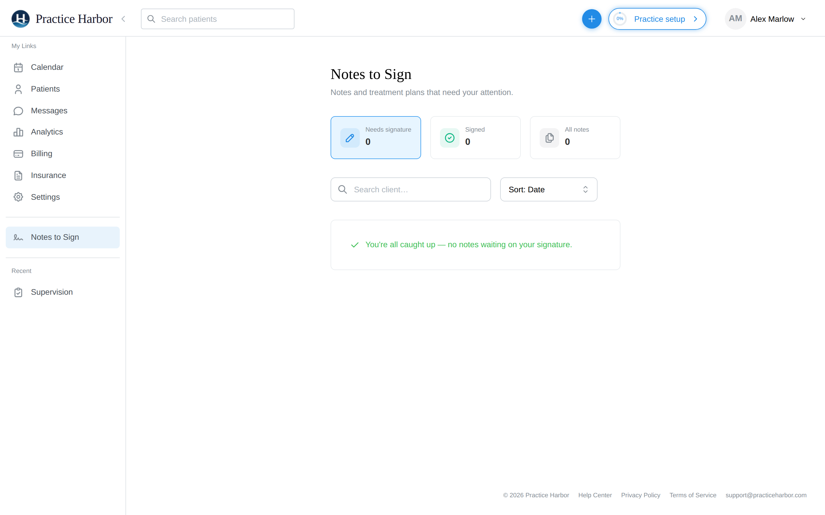 The Notes to Sign page with status filters