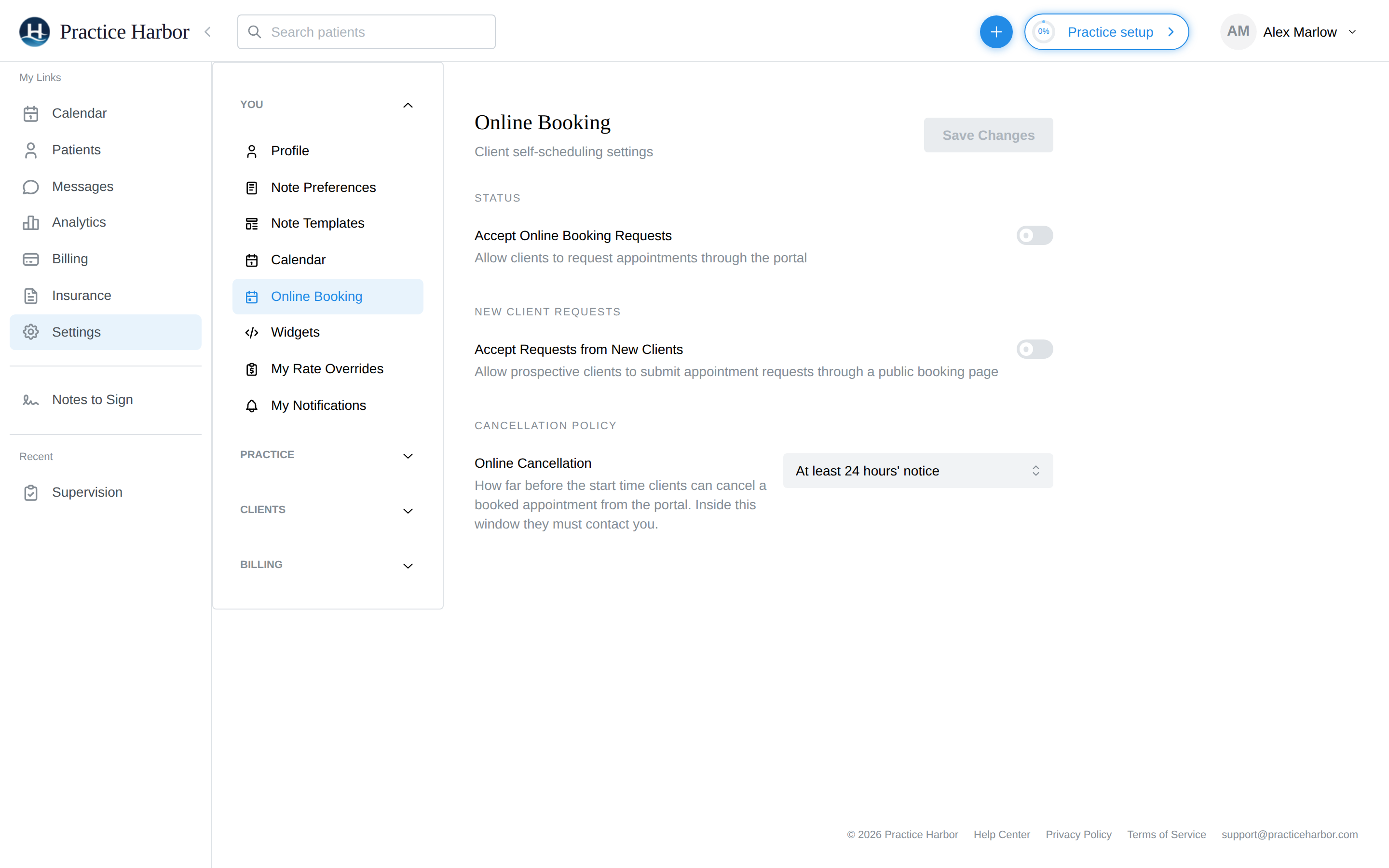 Online Booking settings with the request toggles