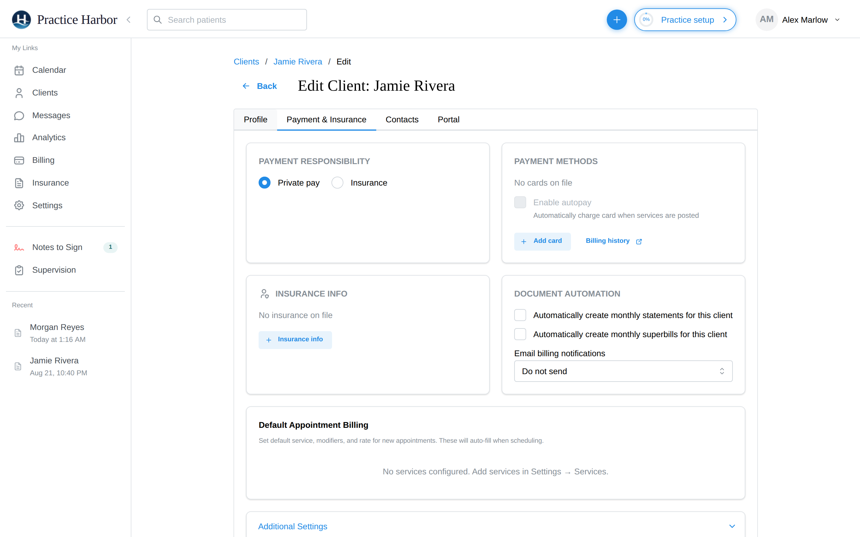 The client's Payment & Insurance tab