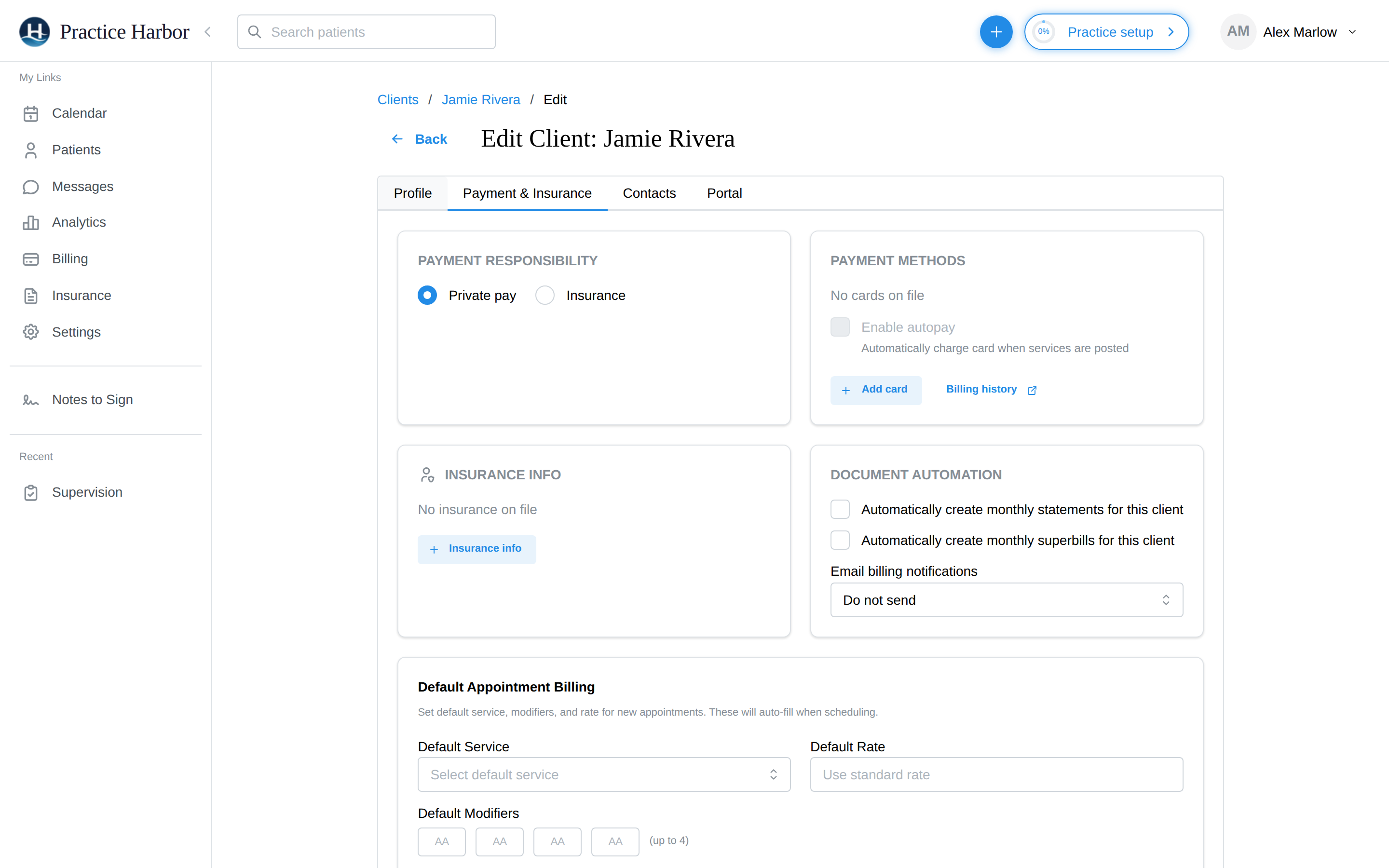 The client's Payment &amp; Insurance tab
