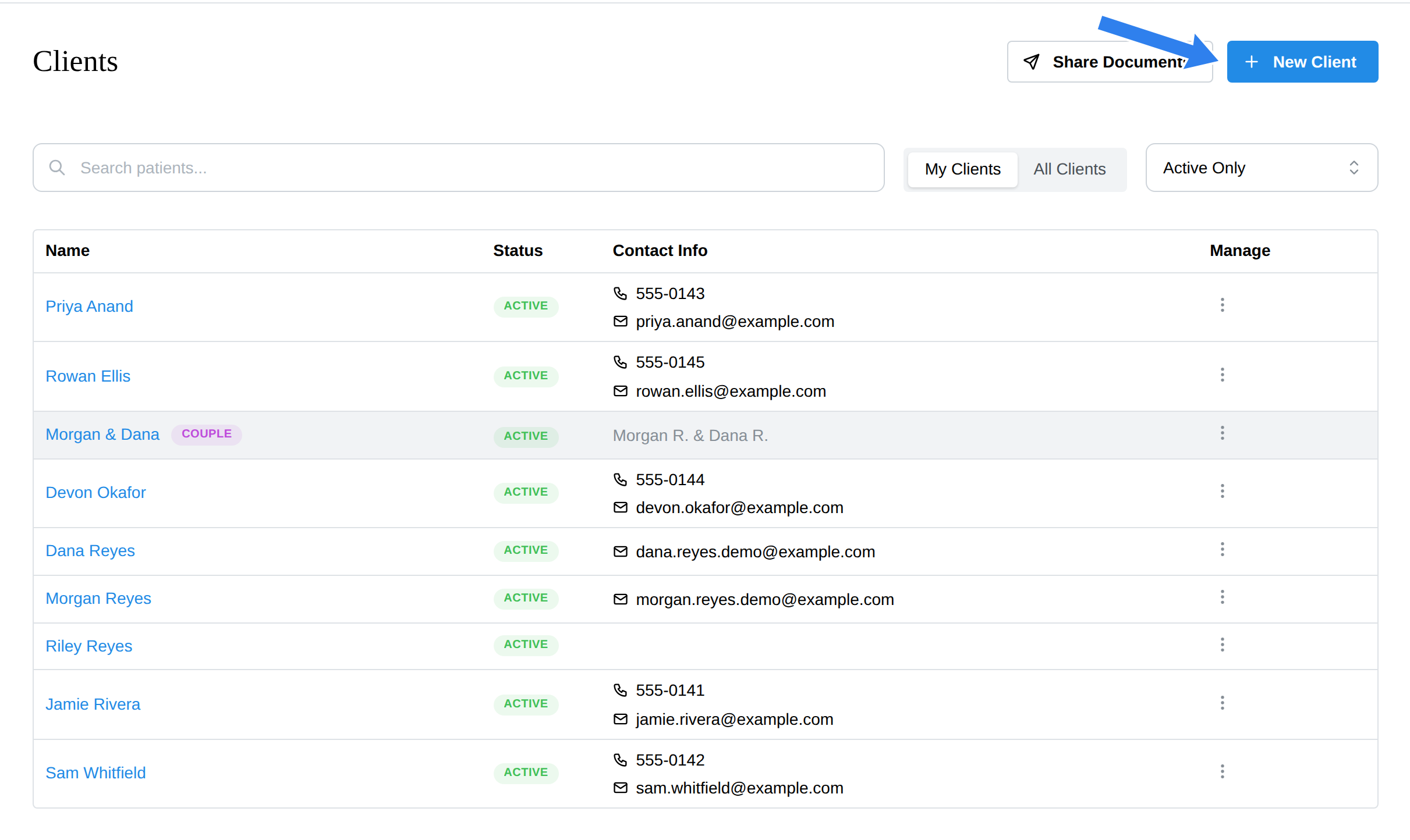 The Clients page with search, view toggle, and per-row menus