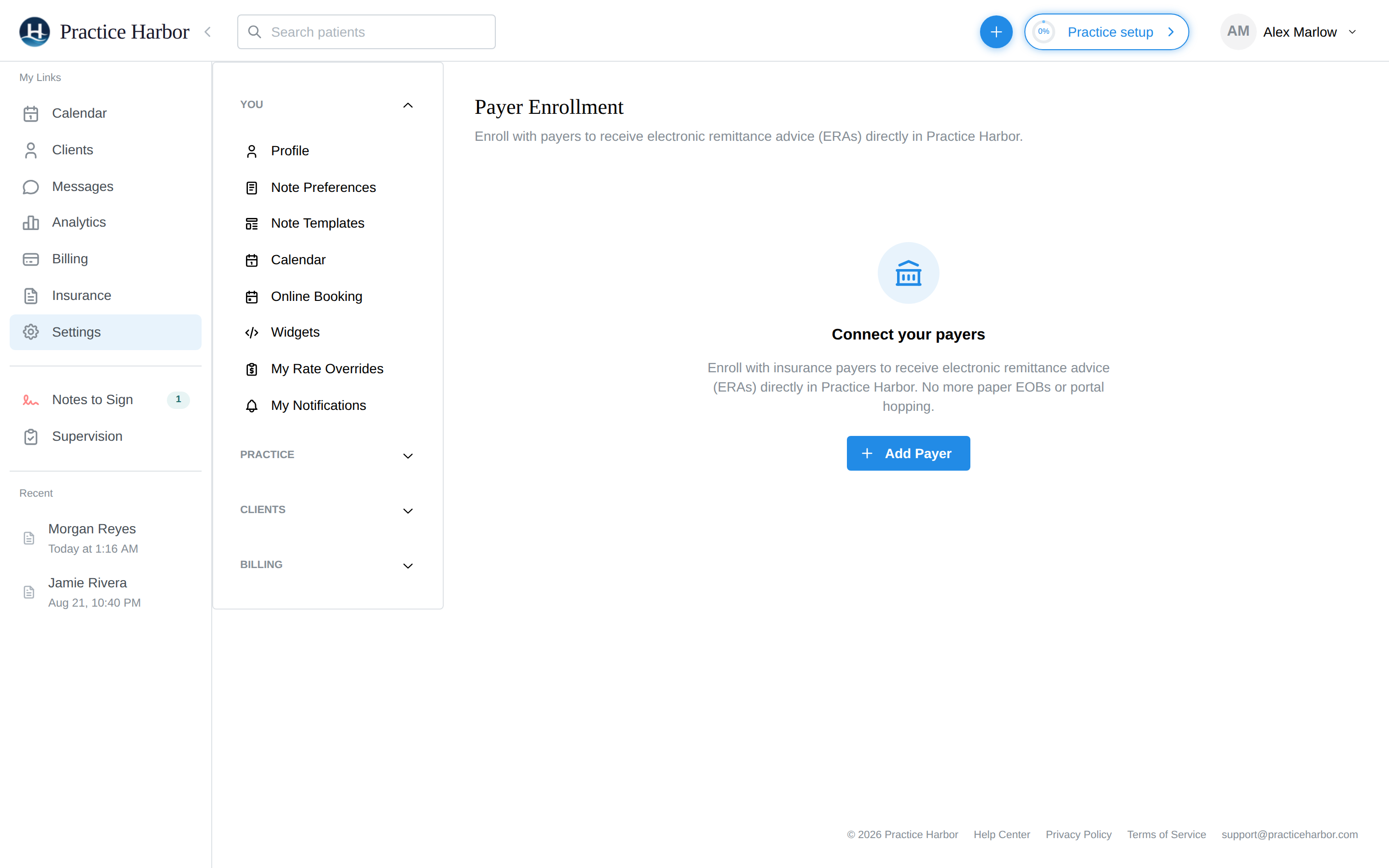 The Payer Enrollment page