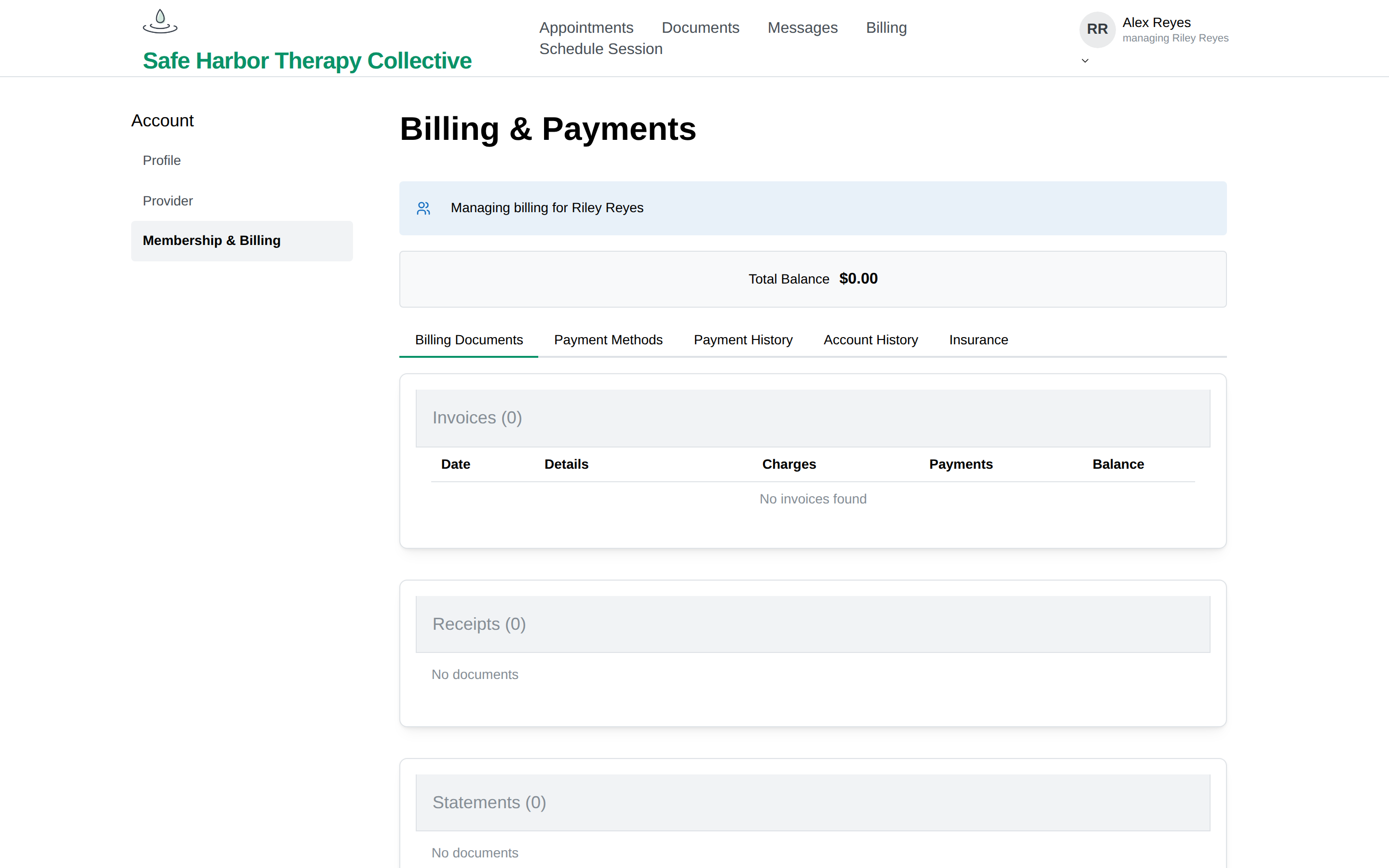 The portal's Billing & Payments page in a guardian session