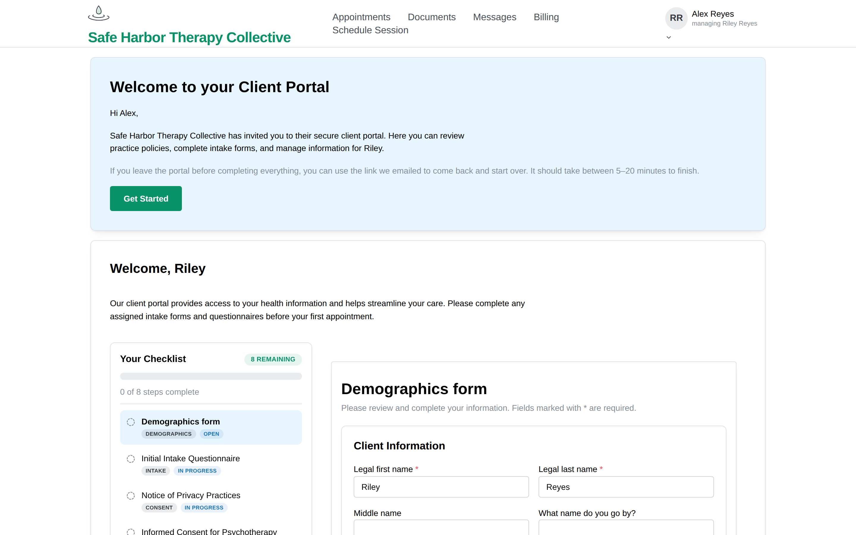 The Documents page with the intake checklist