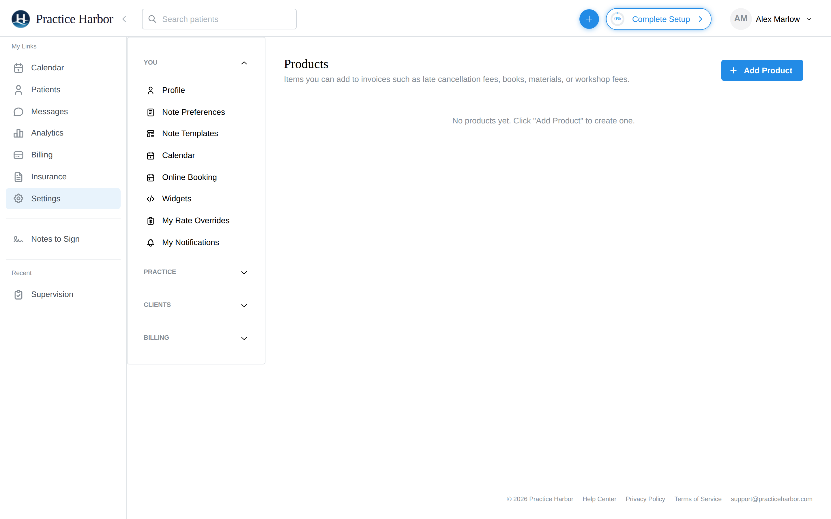 The Products settings page