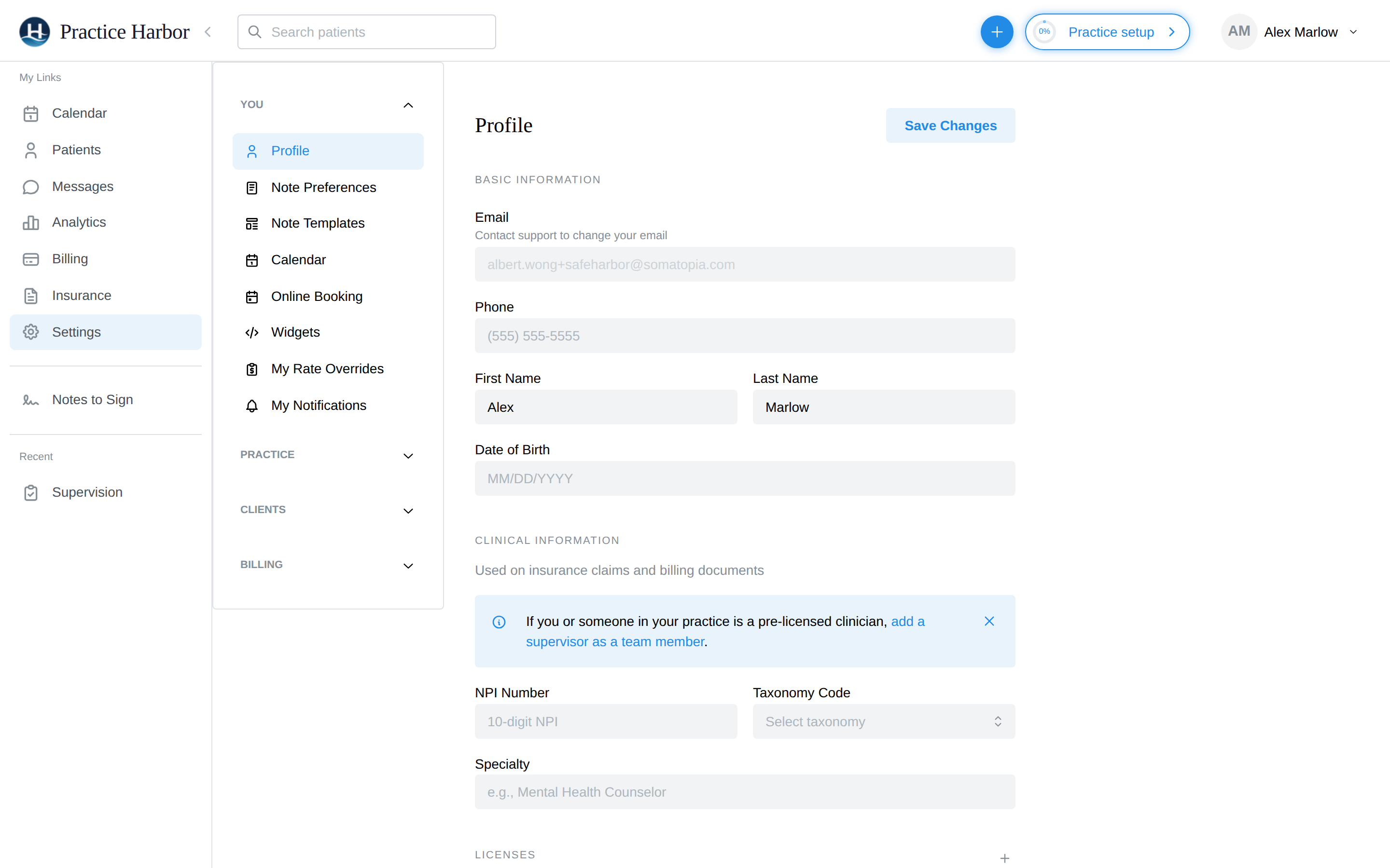 The Profile settings page: basic information and clinical information