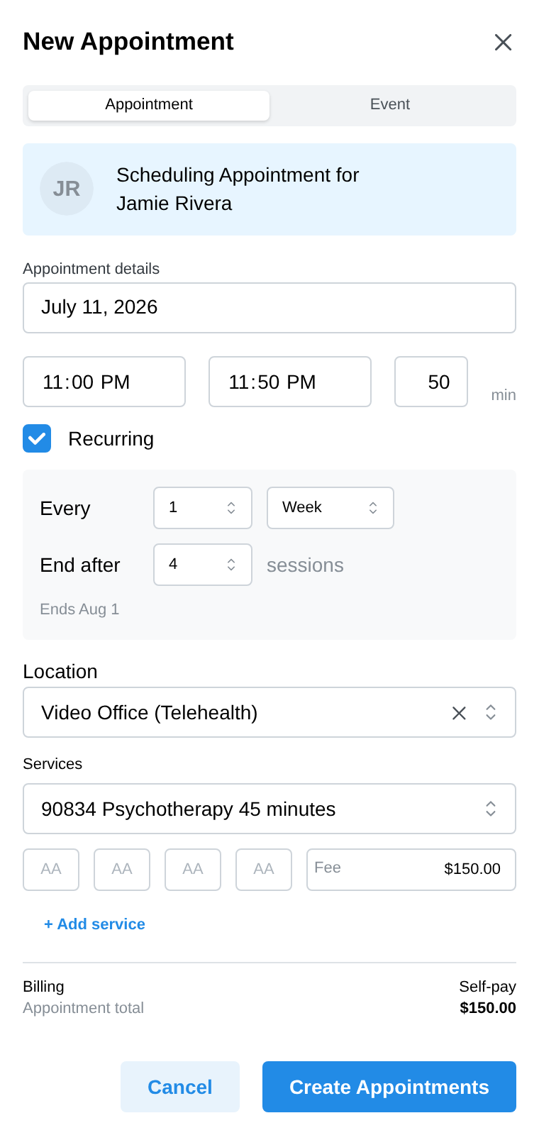 The Recurring options in the New Appointment panel