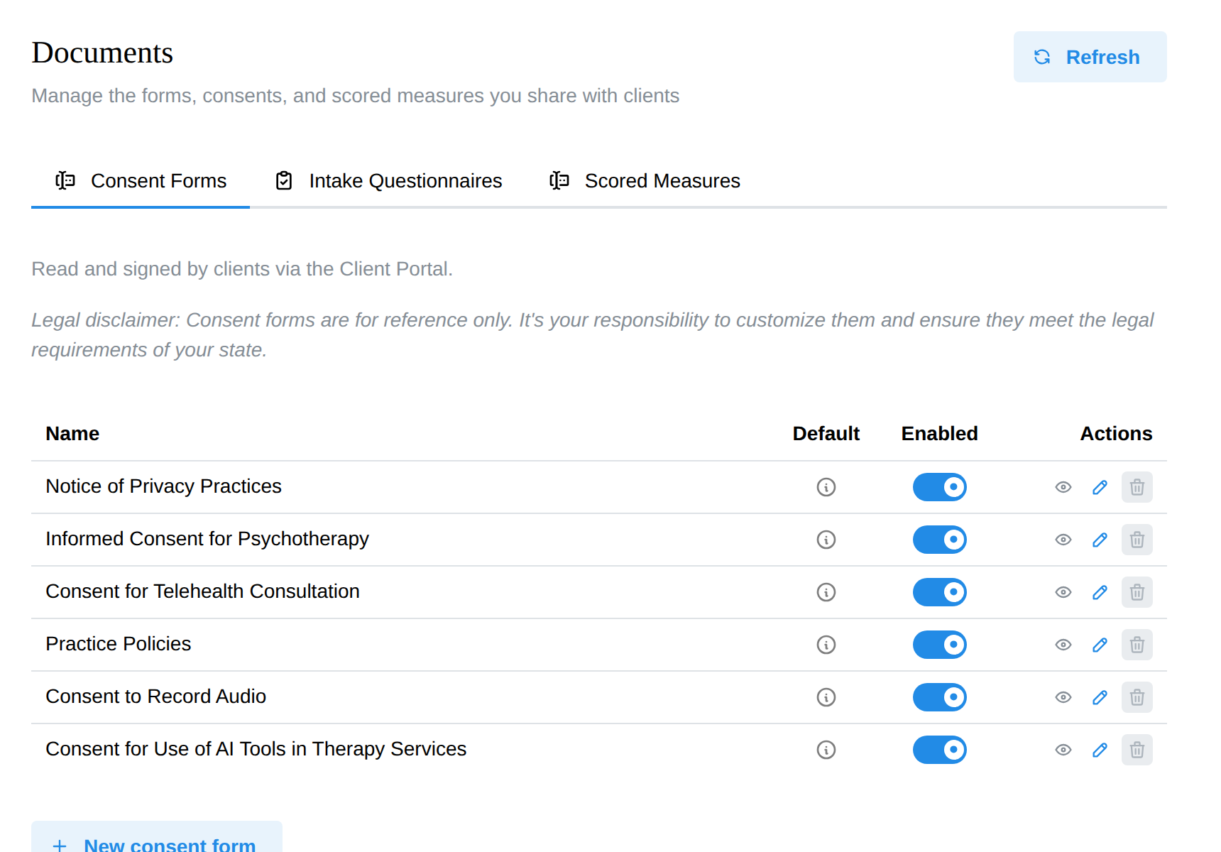 The Documents settings page with the Consent Forms, Intake Questionnaires, and Scored Measures tabs