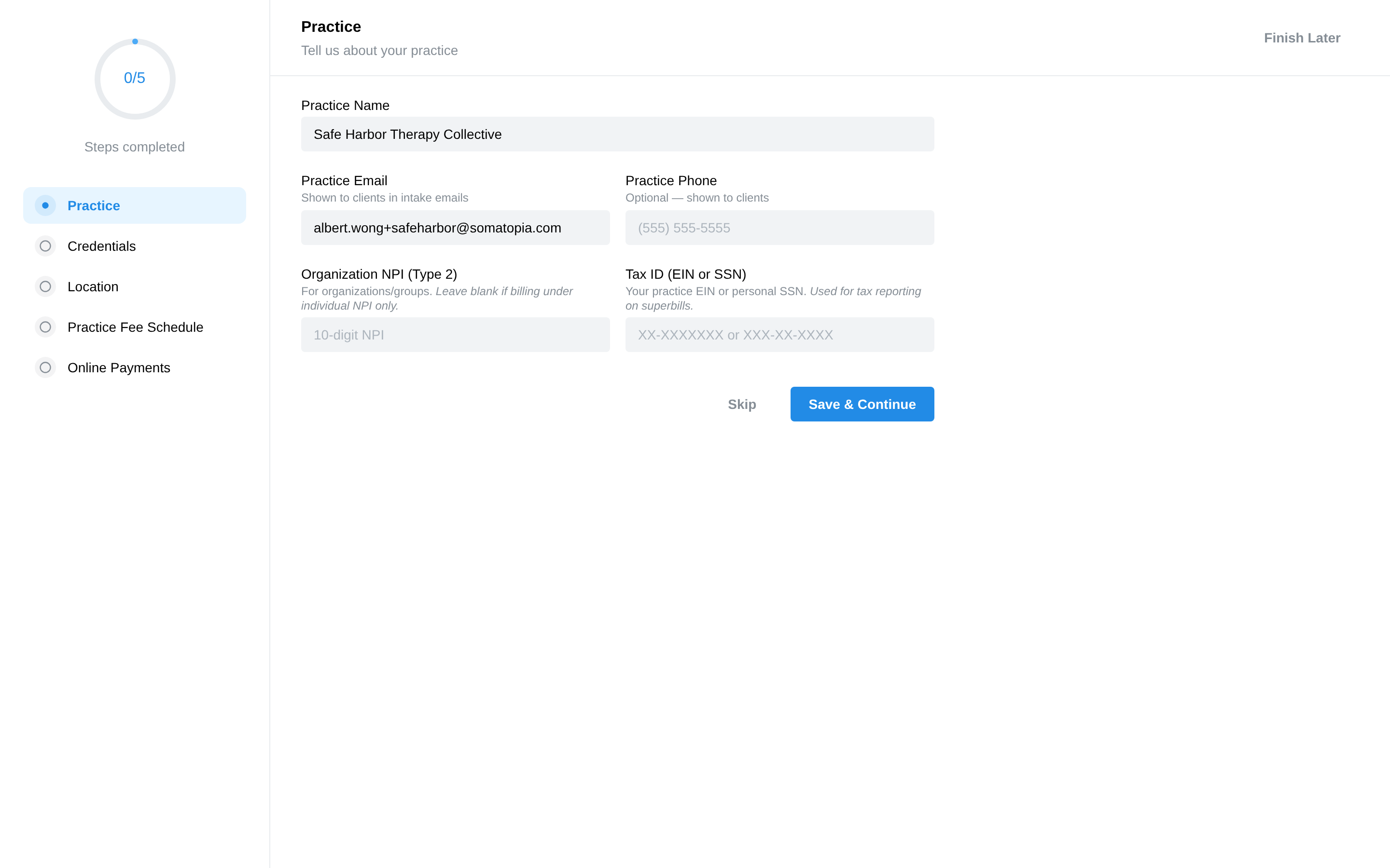 The Practice setup wizard showing the five setup steps