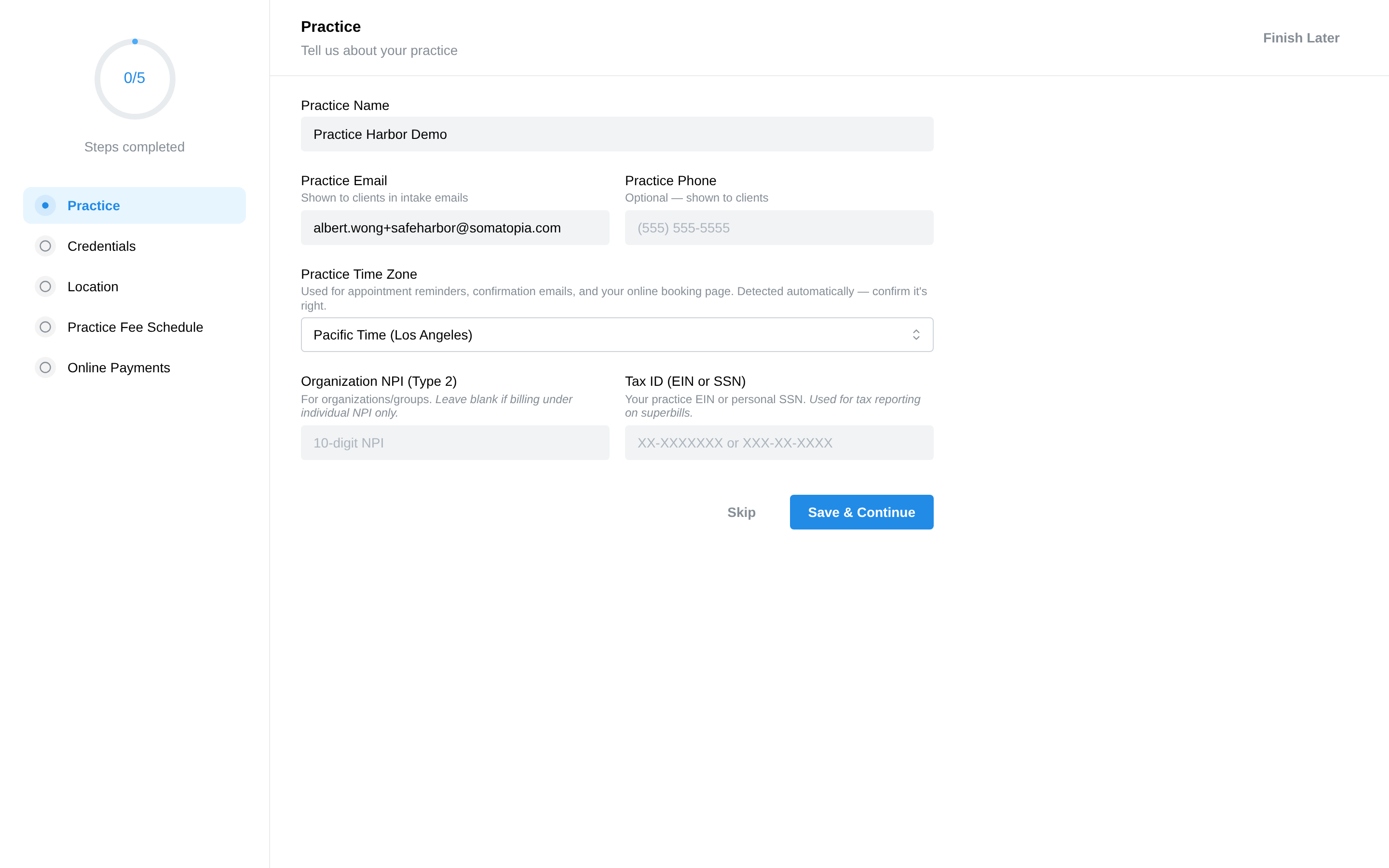 The Practice setup wizard showing the five setup steps