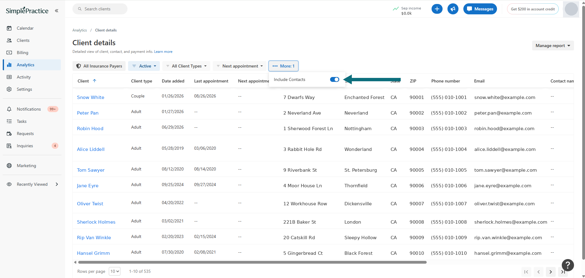 Turning on Include Contacts