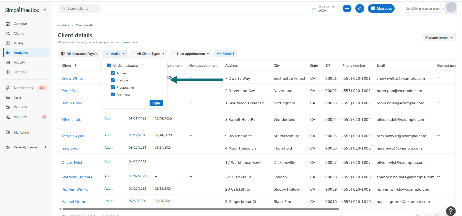 The Client details status filter with all four statuses ticked