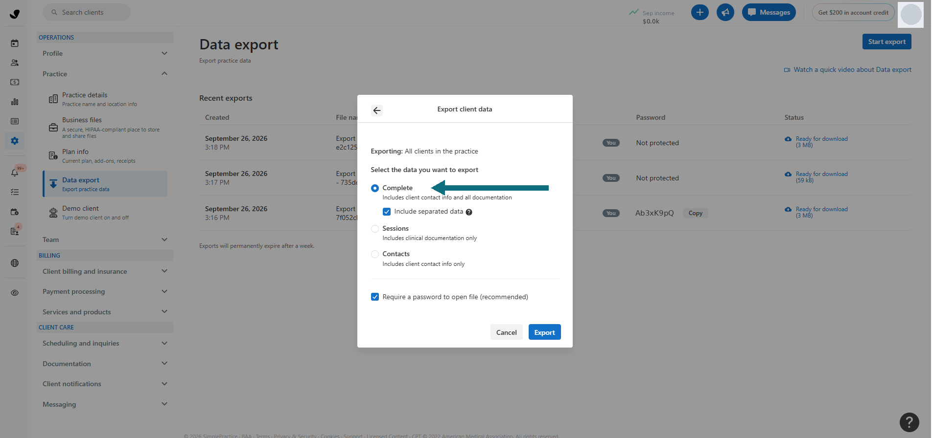 Choosing the Complete export