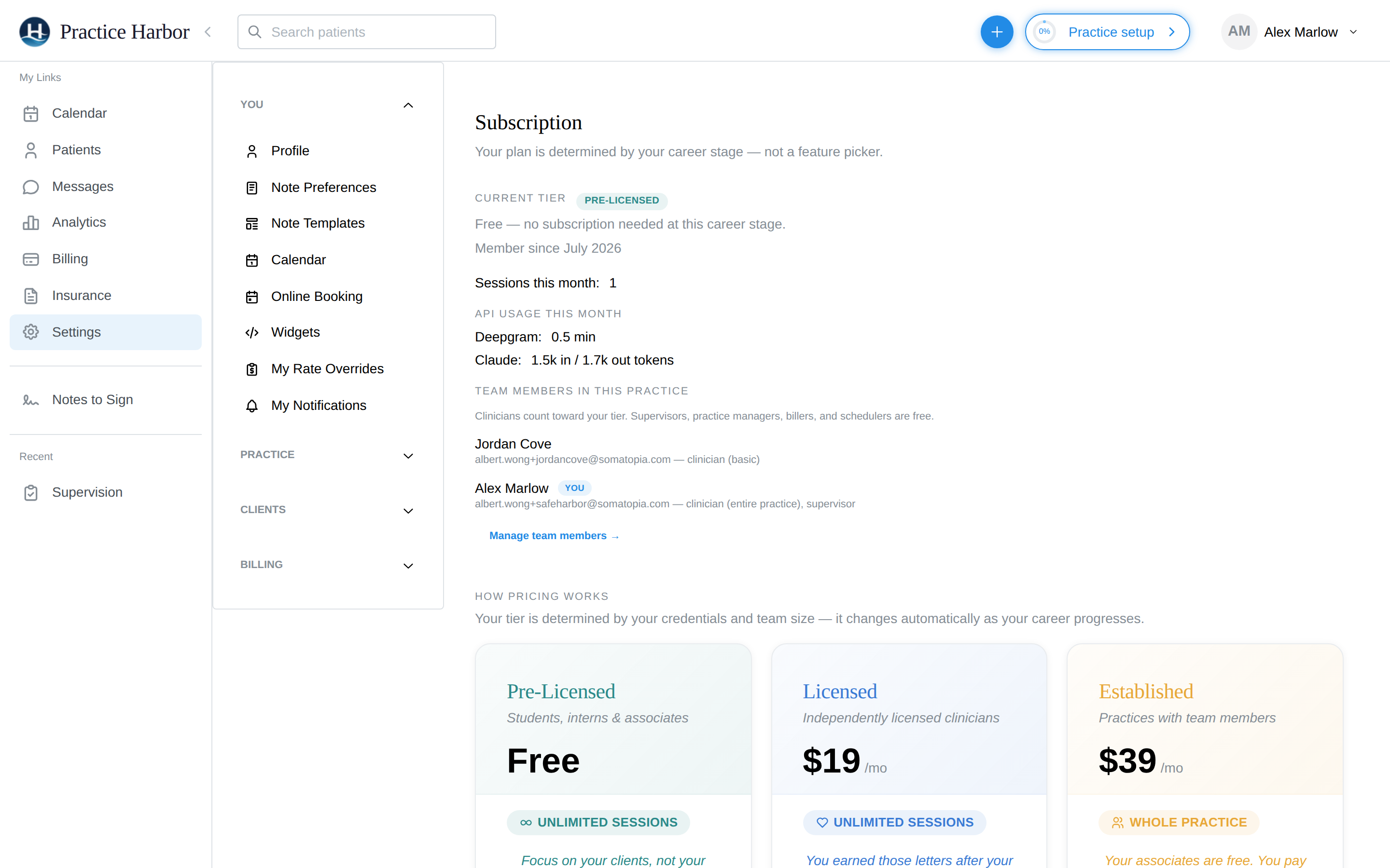 The Subscription settings page: current tier badge, team breakdown, and pricing tiers