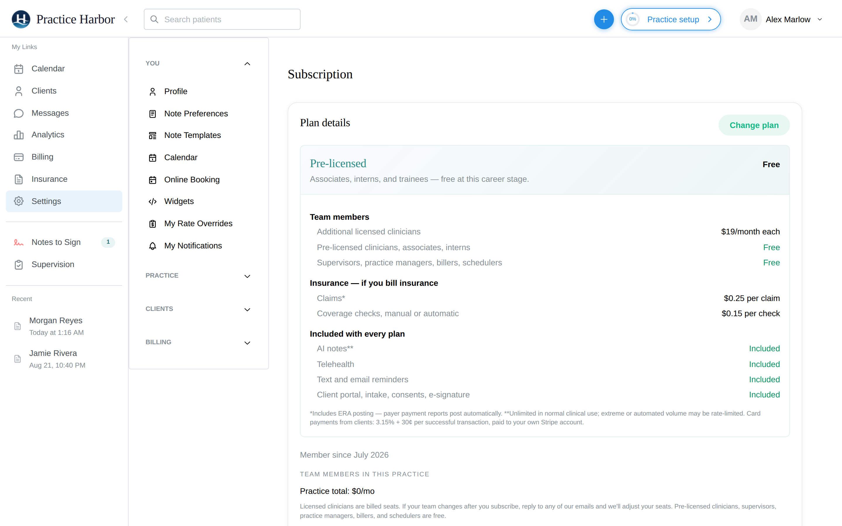 The Subscription settings page: current tier badge, team breakdown, and pricing tiers