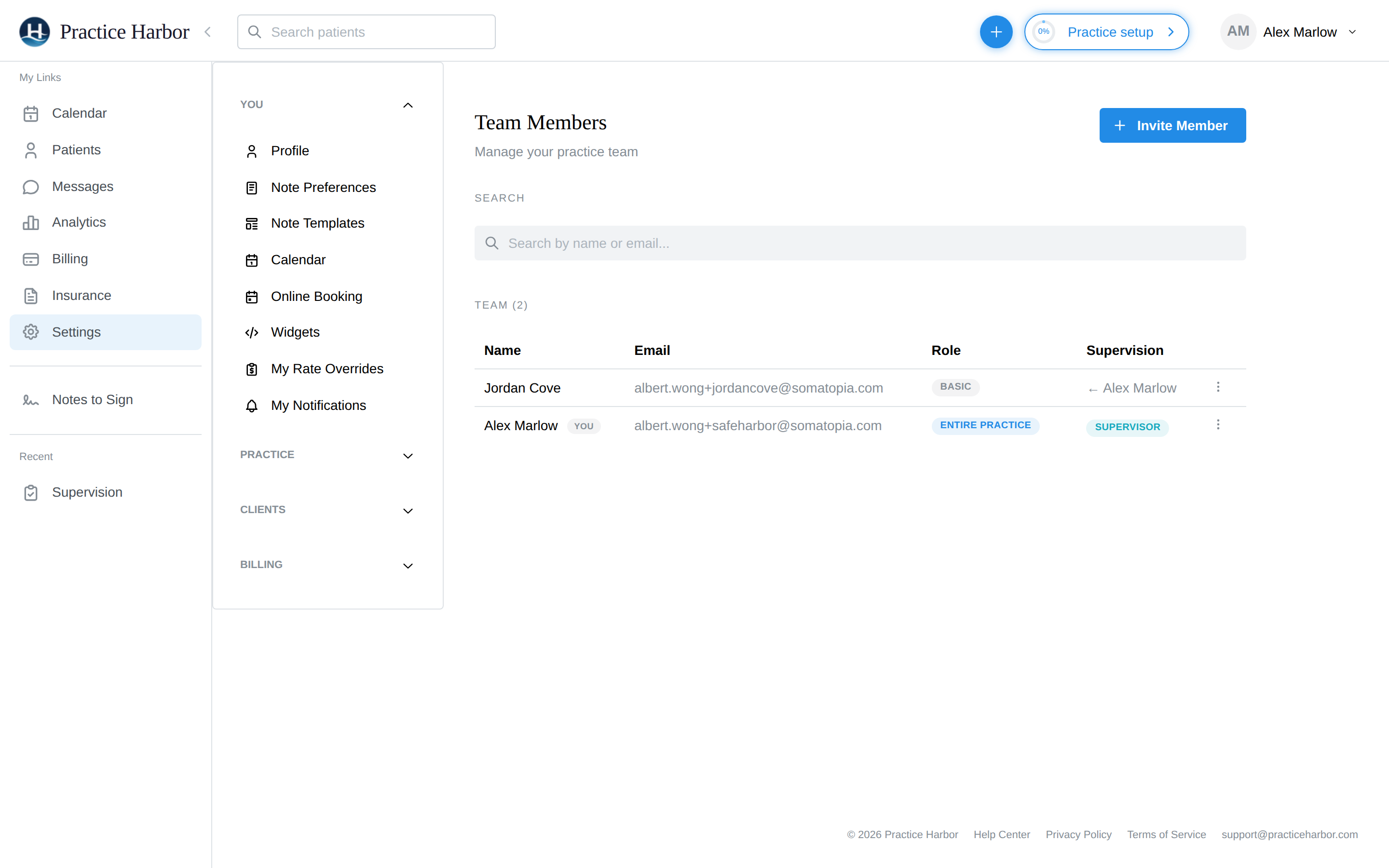 The Team Members page, showing each member's name, email, role badge, and supervision relationship