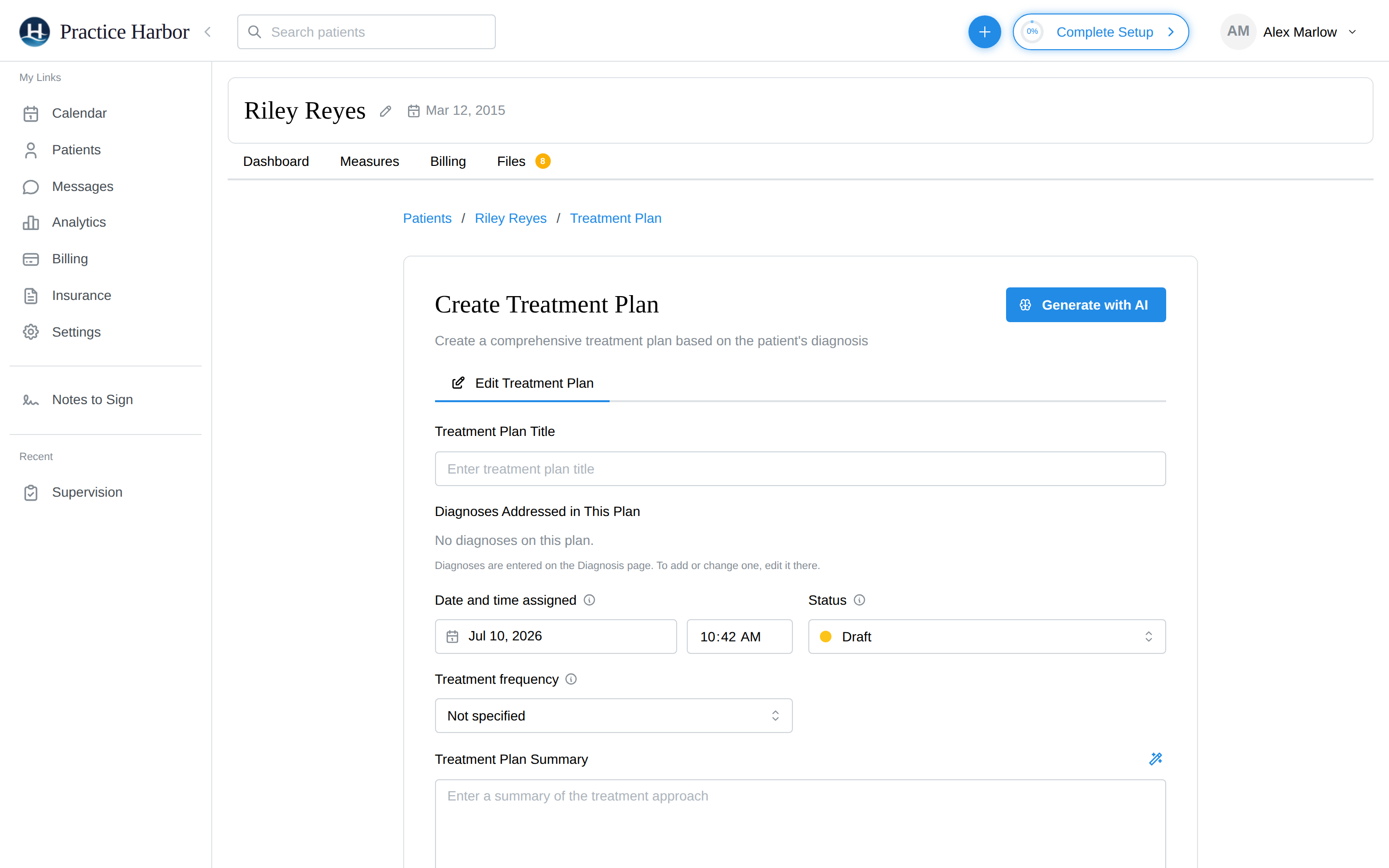 The Edit Treatment Plan tab with plan details