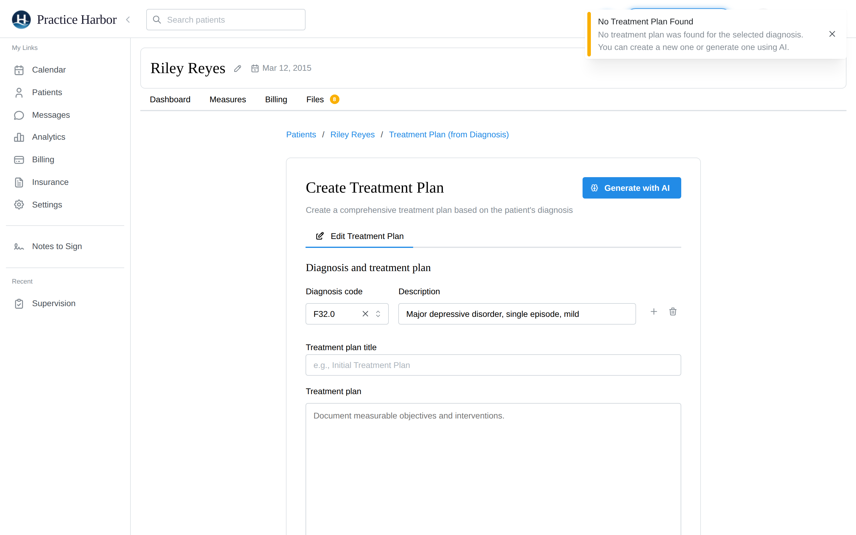 The Simple treatment plan form with the diagnosis carried over