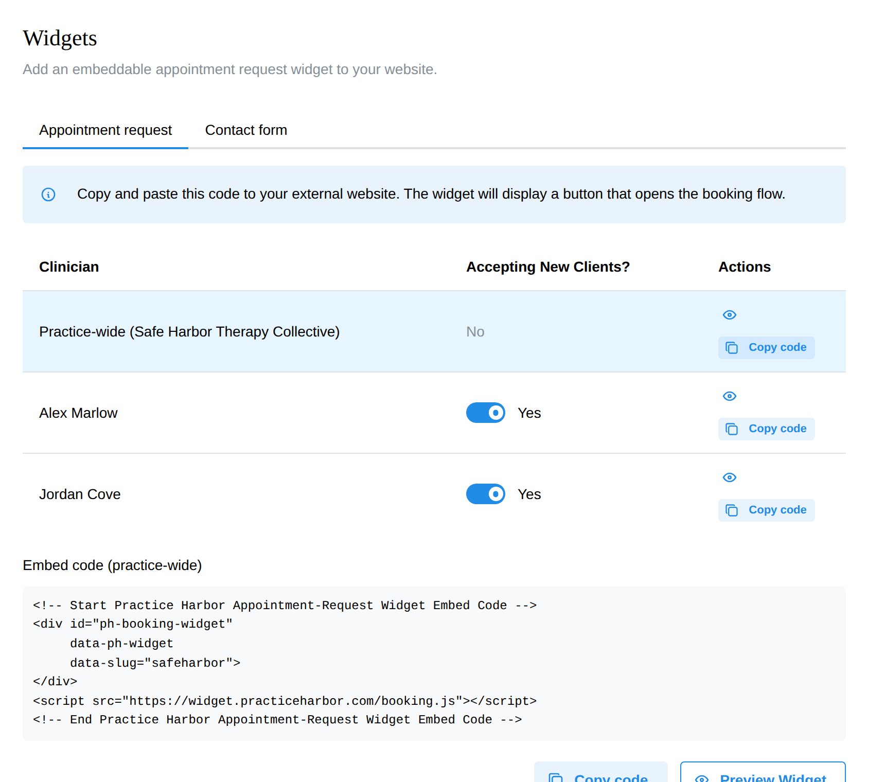 The Widgets settings page with the per-clinician table and embed code